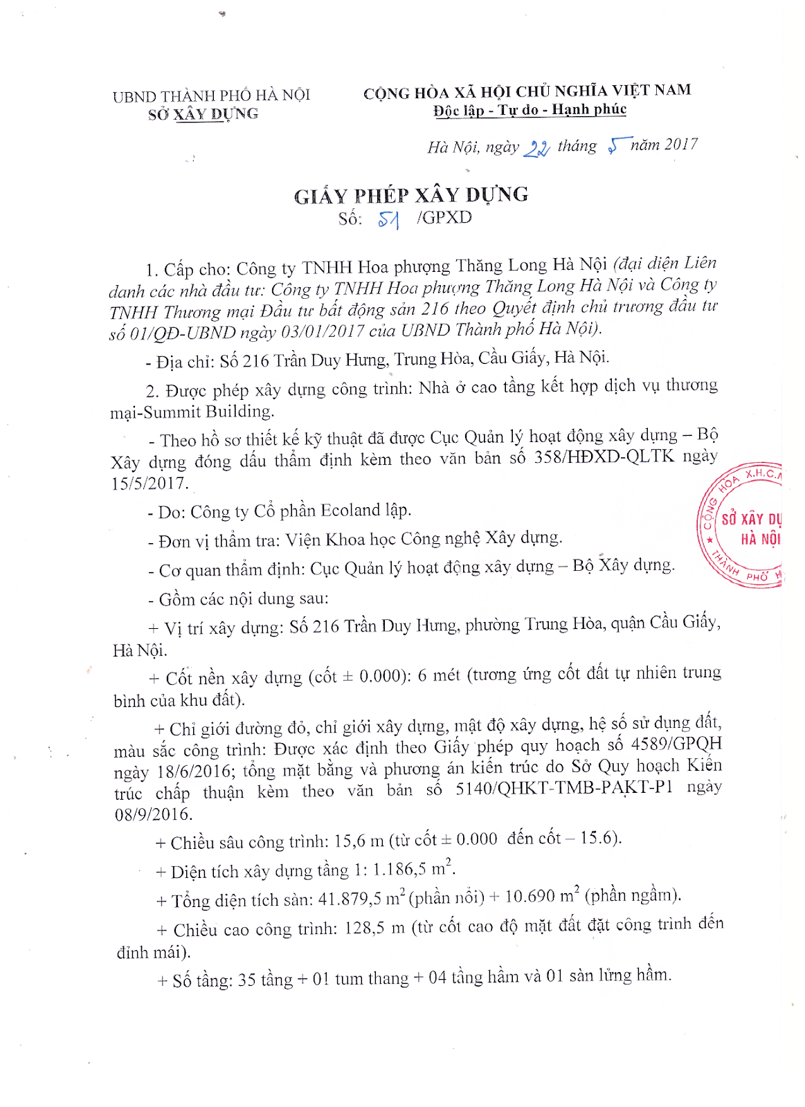Giấy phép xây dựng The Summit 216